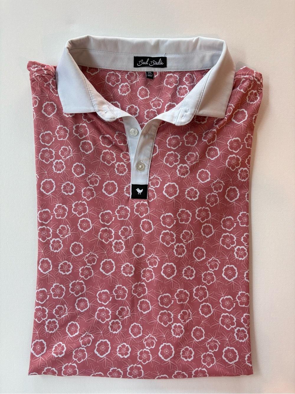 Bad Birdie Men’s 2XL Pink Floral Performance Golf Polo White Collar